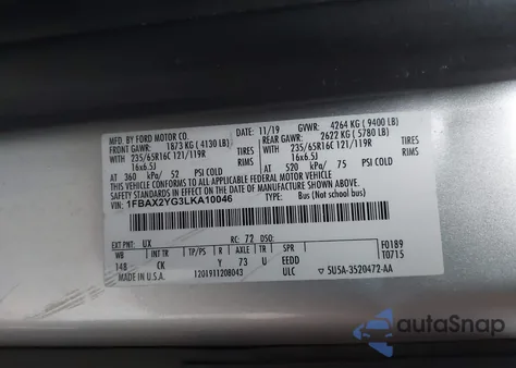 2020 Ford Transit-350 Passenger Van Xlt из США, поврежденный, VIN 1FBAX2YG3LKA10046